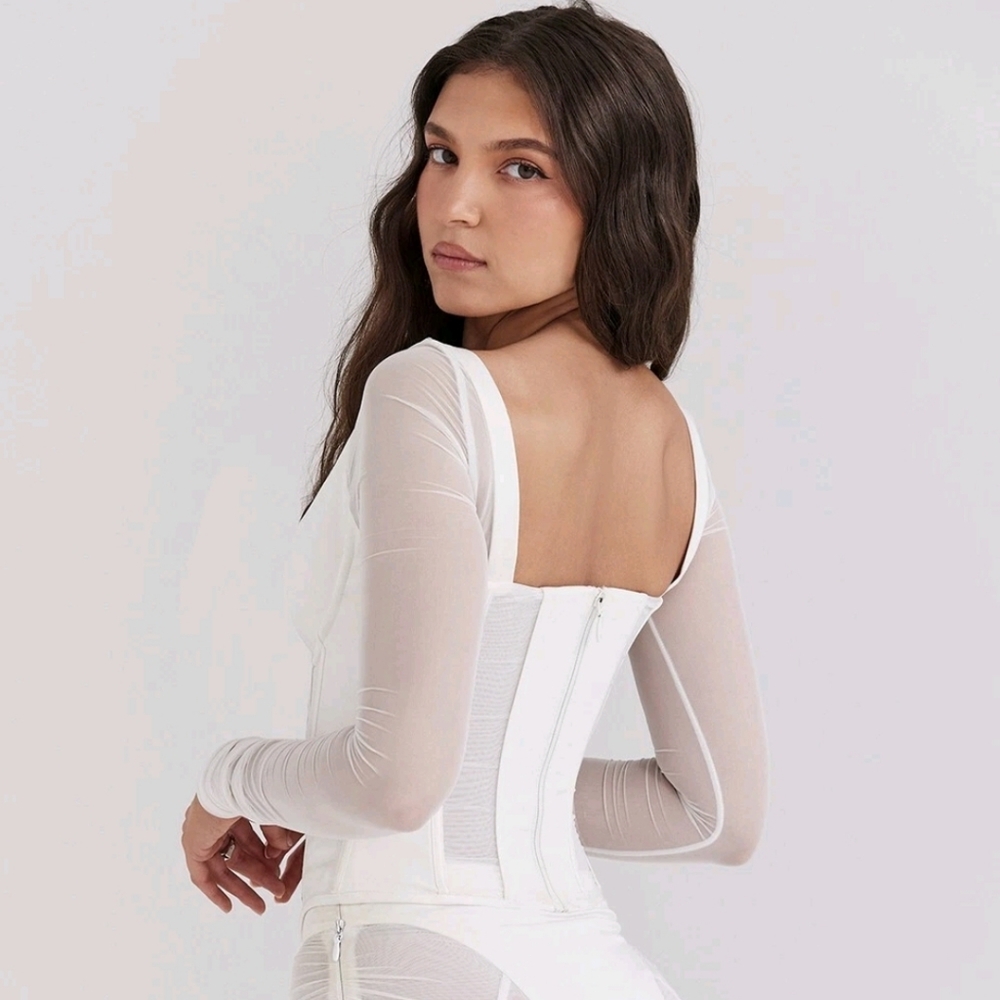 HOUSE OF CB 'Araminta' White Long Sleeve Mesh Corset/Size M-US 6-8 - Picture 2 of 7
